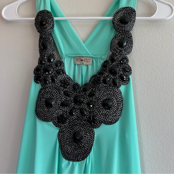 NWT Free Kisses Aqua Y2K Tank Top with Black Beaded Accents Size XL - Picture 5 of 6